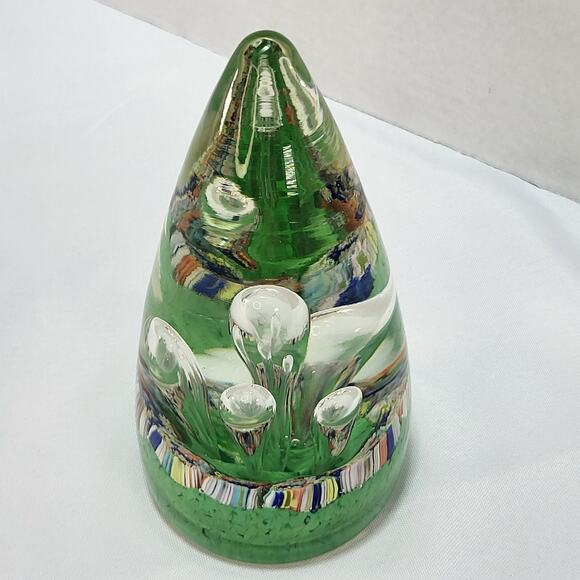 Teardrop Egg Shaped Bubbles Green Multicolor Art Glass Paperweight Stalagmites - Picture 2 of 16